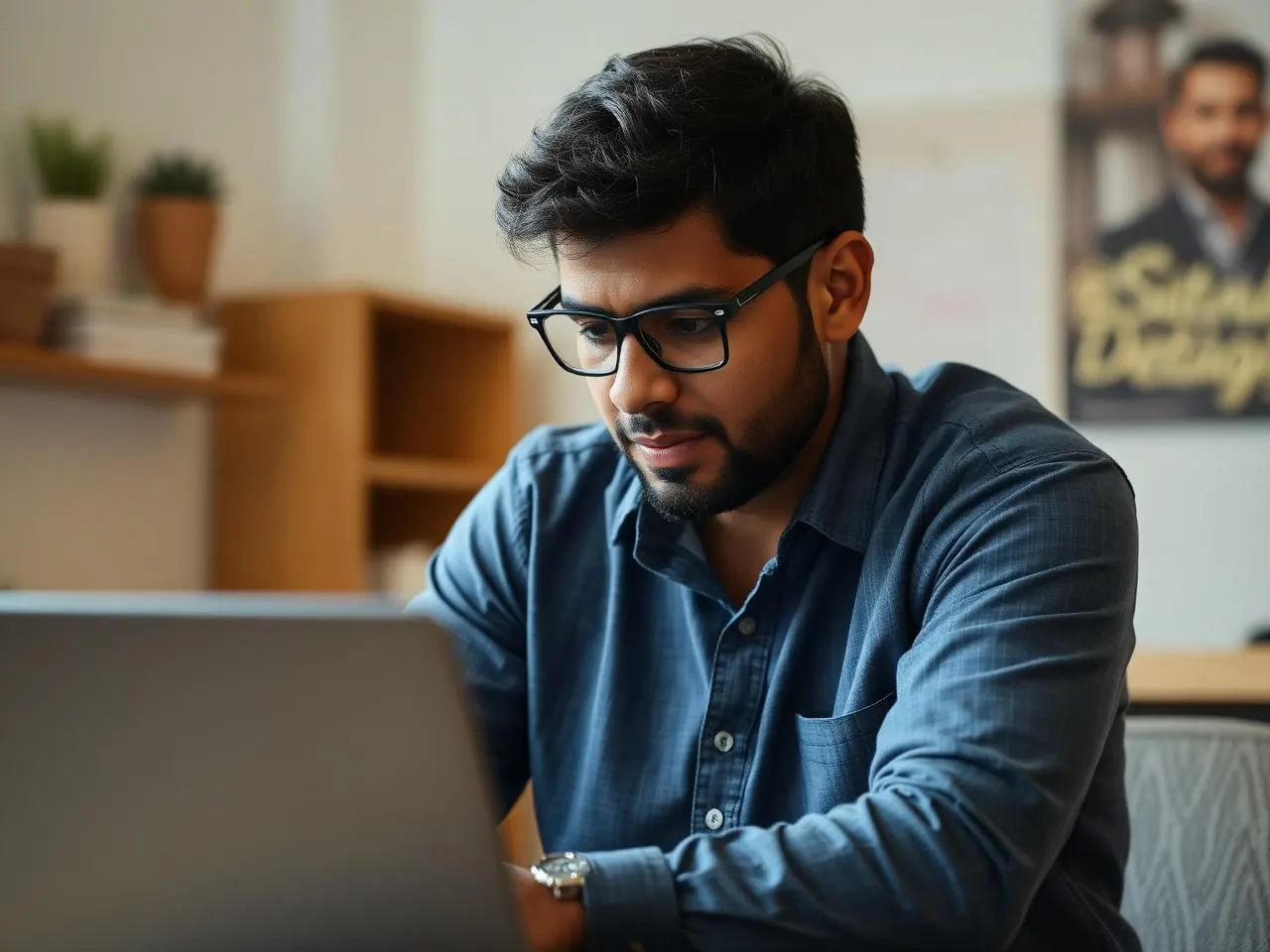 Focused Indian entrepreneur reviewing on a laptop